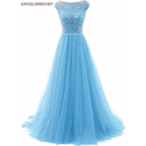 ANGELSBRIDEP Sheer Neck A-Line Evening Party Gowns Vestidos de festa Formal Beading Vestidos de festa Formal Prom Dresses HOT