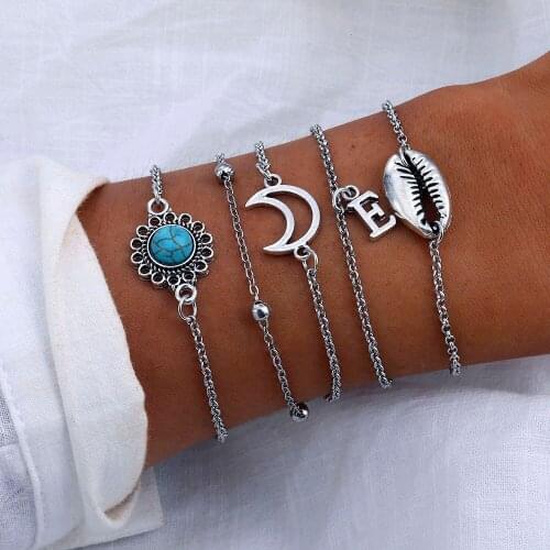 UMKA 4 Pcs/Set Boho Vintage Silver Color Multi-layer Torquoise Bracelet moon letter E Shell Women Exquisite Daily Jewelry Gifts