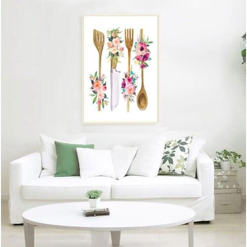 Floral Kitchen Utensil Print Kitchen Wall Art Decor Wooden Utensil Art Canvas Painting Wall Picture Poster Home Decoration