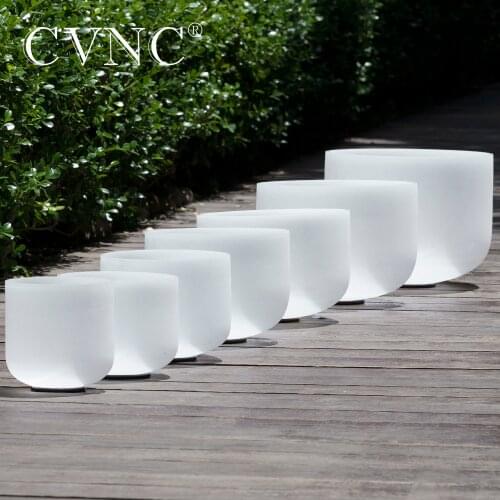 CVNC Chakra set of 7 PCS 8"-14" Note CDEFGAB Frosted Quartz Crystal Singing Bowls 432Hz with free 13" and 14" carry bags