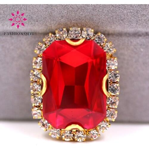 Hot!!! Gold base Rectangular octagonal shape Red sew on rhinestones glass Crystal button DIY Wedding dress/clothing accessories