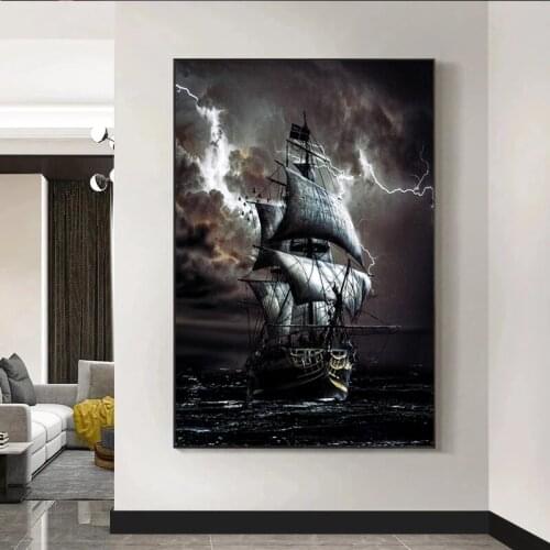 Pirate Ship At Sea Canvas Painting Black Sailboat Vintage Posters and Prints Vessel Wall Pictures Cuadros for Living Room Decor