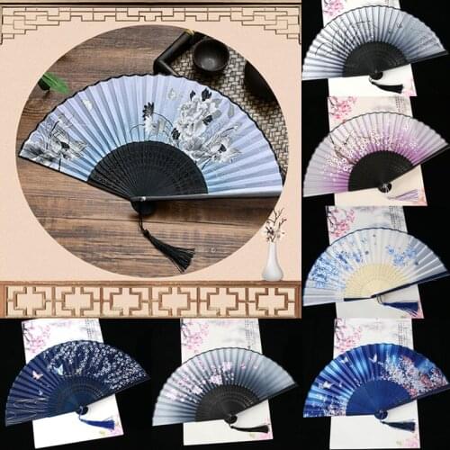 Chinese Folding Silk Hand Fan Vintage Retro Folding Dance Hand Fan Silk Flower Printing Hand Held Pocket Fan Party Bamboo Art