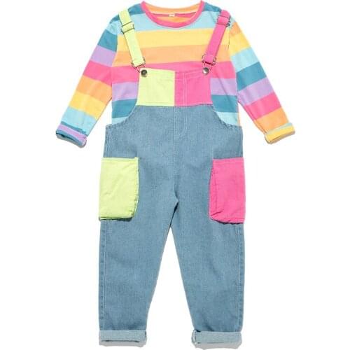 KEAIYOUHUO Girls Autumn And Winter Clothes Bib Set Korean Loose Jeans Girls Middle-Aged Children Trousers Striped Two-Piece Suit