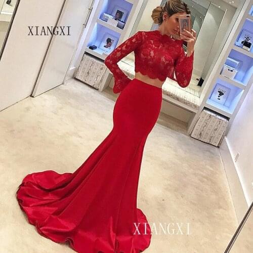 Red Two Pieces Evening Dresses Lace Mermaid Evening Dress Full Sleeves Floor Length Formal Gowns Party Dresses Vestidos