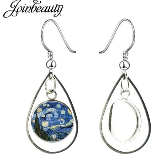 JOINBEAUTY World Oil Painting Night Sky Sunflower Teardrop Hollow Out Pendant Earrings Round Glass Picture Ear Jewelry ZZ76
