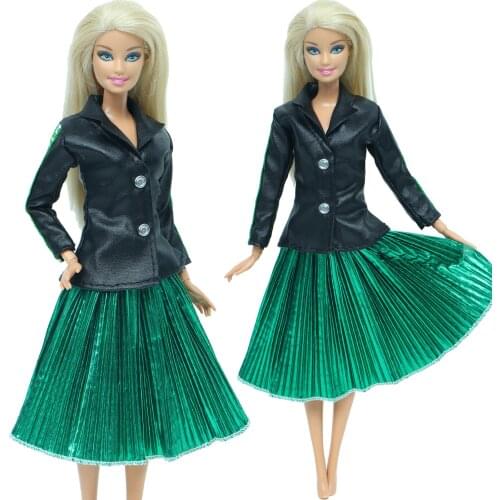 Fashion Doll Leather Top Green Skirt Casual Noble Costume Beautiful Dress Clothes for Barbie Doll Best Child Girl Accessories