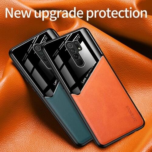 Fashion Shockproof Case for Xiaomi Redmi 9 Car Magnetic PU Leather Mirror Tempered Glass Phone Back Cover for Redmi 9 Redmi9