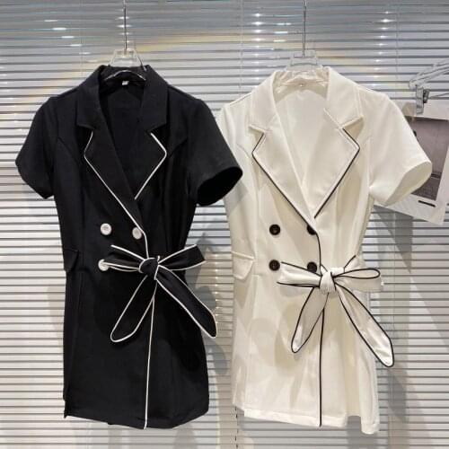 2021 summer new small fragrance bow tie notched dress women temperament short-sleeved hit color dress