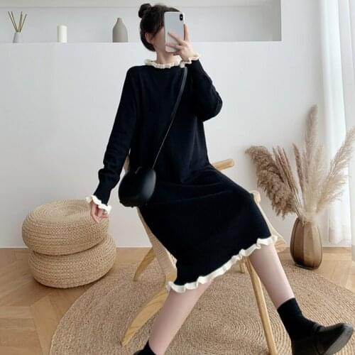 Autumn Winter Half high collar straight sweater Dress Women Casual Sweater Dresses black knitting Long sleeve Dress