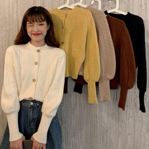 Simple Single Breasted Women Fall Cardigan Fashion Puff Sleeve Soft Warm Autumn Knitted Coat Tops O-neck Outerwear Sweater