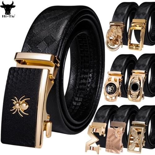 Luxury Mens Genuine Leather Belts Black Gold Automatic Buckles Ratchet Dress Jeans Waistband Straps Leisure Adjustable Wedding