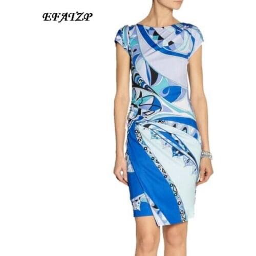 [EFATZP] Free Shipping New Fashion Womens Luxurious Short Sleeves Multicolour Geometric Print Stretch Jersey Silk XXL Dress