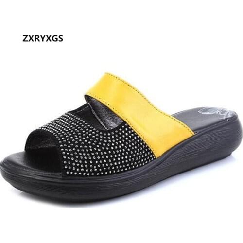 2021 Spell Colors Genuine Leather Rhinestone Slipper Women Fashion Sandals Platform Wedges Large Size Slippers Summer Sandals