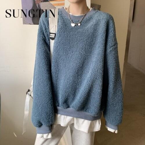 Sungtin Fake Two Pieces Sweatshirts Women 5 Color Faux Lambs Wool Oversize Pullover Korean Loose Autumn Winter Warm Lady Jumpers