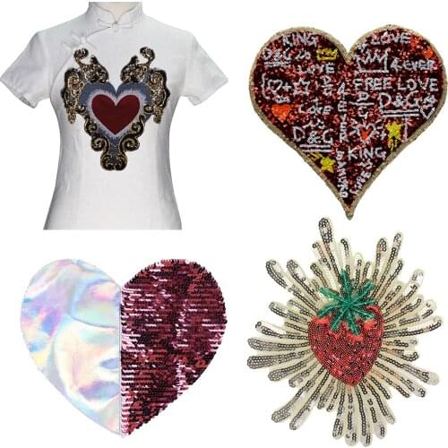TH684 Red Heart Floral Applique Gold Sequins Embroidery Patches DIY Sewing Apparel Accessories 1PC