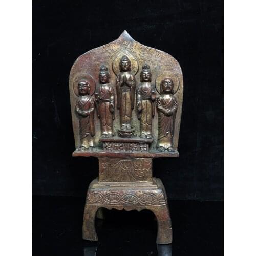 9"Tibet temple Old Bronze Lacquer Cinnabar Northern Wei Buddha Sakyamuni Guanyin Ksitigarbha Enshrine the Buddha Town House