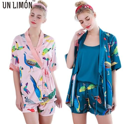 UNLIMON 3pcs Women Faux Silk Pajama Sets Satin Robes Short Sleeve Birdie