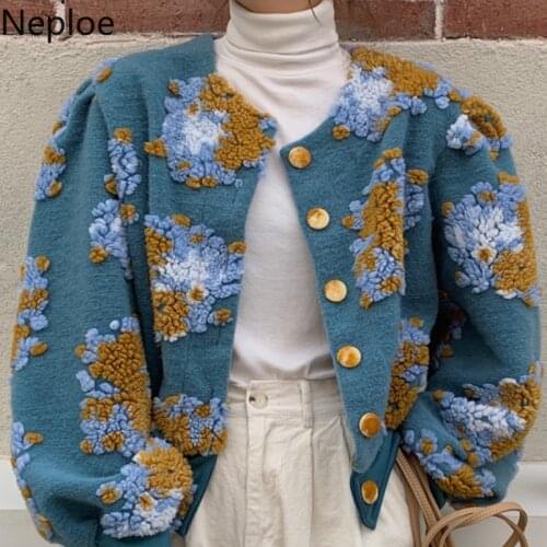 Neploe Vintage 3D Flowers Woolen Cardigan Short Jacket Women Korean Long Sleeve Gentle Wind Coat 2021 Autumn Elegant Outwear Top