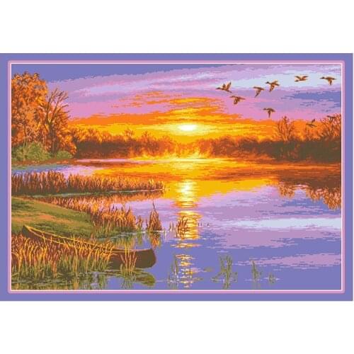 Sunset View by the River Cross Stitch Patterns Kits Printed Canvas 11CT 14CT Landscape Embroidery Diy Home Decor Needlework Sets