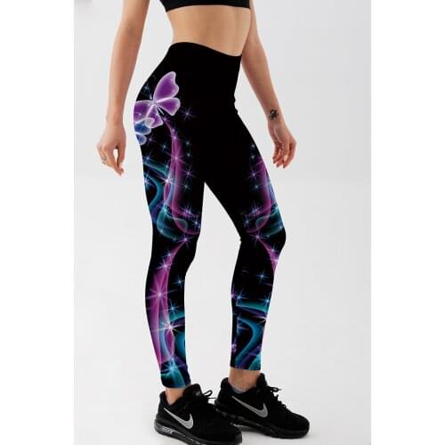 Qickitout Fitness Leggings Women Workout Push Up Legging Fashion Digital Print Blue-green Fluorescent Butterfly Jeggings Pants