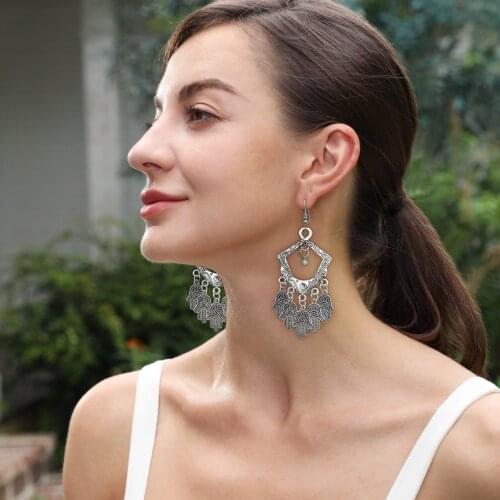 Afghan Jewelry Vintage Silver Color Metal Leaf Palm Drop Dangle Earrings for Women Boho Hippie Style Indian Jhumka Earring Gift