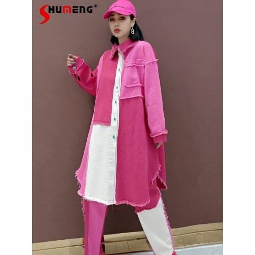 2021 Fall Female New Fashion Patchwork Casual Single Breasted Denim Shirt Womens High Street Full Length Jeans Two-Piece Suit