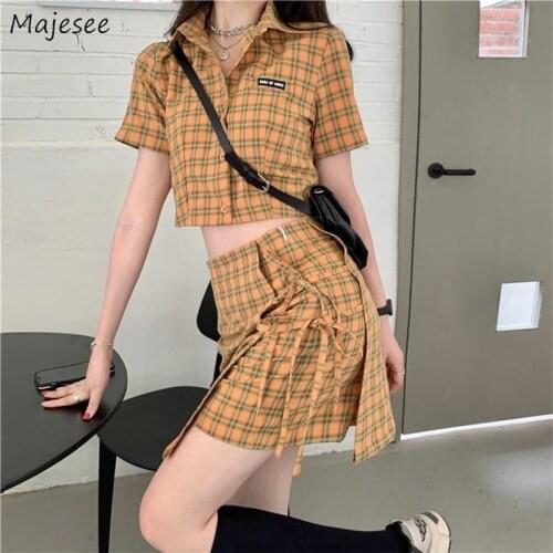 Plaid Women Sets 2 Pieces Retro High-street Preppy Style Single Breasted Crop Tops Designer High-waist Skirts Trendy Sexy Femme