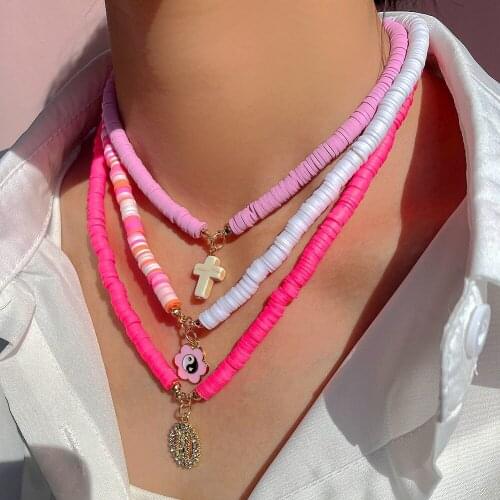 2021 New Creative Cross Yin Yang Flower Clay Beaded Necklace For Women Golden Crystal Virgin Mary Pendant Necklace Jewelry Gifts