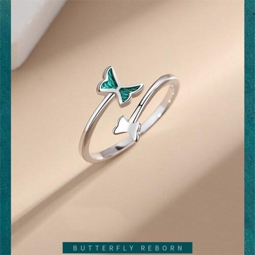 Fashion Womens S925 Silver Plated Personality Green Butterfly Open Rings J01245