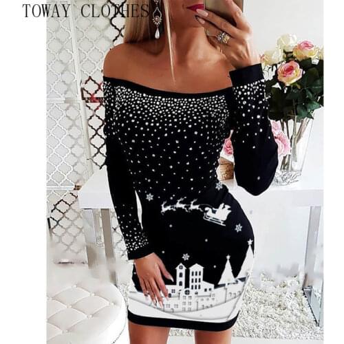 Women Christmas Mixed Print Off Shoulder Bodycon Dress Mini Dresses