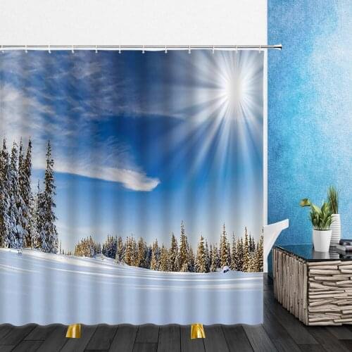 Winter Snow Scene Shower Curtains Outdoor Snow Mountain Forest Scenery Bathroom Home Decor Waterproof Polyester Cloth Curtain