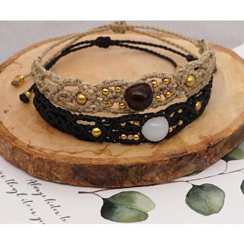 South American Ethnic Macrame Bracelet Handmade Stone Beaded Wax Rope Woven Men and Women Hand Rope Bangles for Women