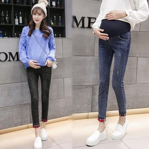 Spring and summer plaid patch pregnant women pants casual pants feet lift stomach pants stretch stomach lift denim pants