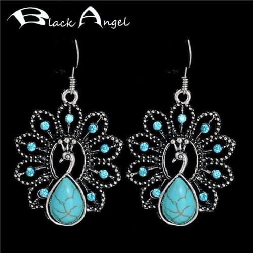 BLACK ANGEL New Fashion Vintage Thai Silver Cute Peacock Turquoise Gemstone Drop Earrings For Women Jewelry Christmas Gift