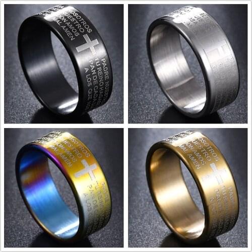Stainless Steel Black Color Jesus Cross Ring Letter Bible Prayer Finger Rings For Men Women 8mm Width Amulet Jewelry