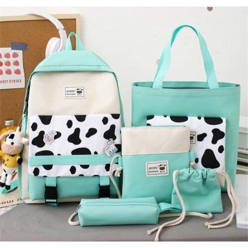 5-Piece Set Cute Cow Pattern Fashion Womens Female Backpack Oxford Waterproof Schoolbag For Teens Girls Large-capacity Bag