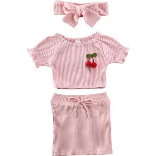 2020 Summer Toddler Kid Baby Girl Clothes Off Shoulder Cherry Tops+Skirts Headband 3pcs Outfits Set 1-4Y