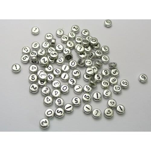 Metallic Silver Number Acrylic Coin Beads 4X7mm Round Flat Acrylic Spacer Loose DIY Number Beads Jewelry Making Accessories