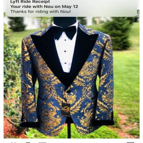 Latest Coat Pant Designs 2020 Navy Blue and Gold Jacquard Velvet Lapel 3 Piece Tuxedo Men Groom Suit Man Wedding Best Man Blazer