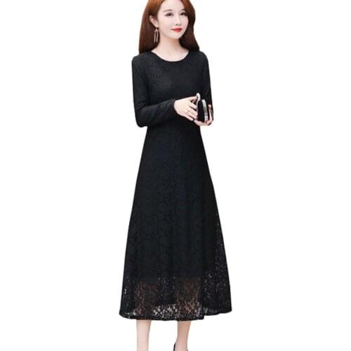 New Elegant Spring Women Lace Dresses Black Red 5XL Plus size Loose Dress Long sleeve O-neck Solid color Long vestido OK709