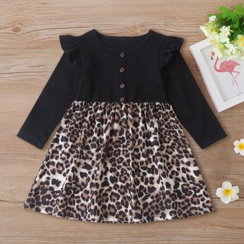 New Fashion Baby Girl Dress Buttons Flying Long Sleeve Patchwork Leopard Print Party Birthday Dress Toddler Girl Clothes 1-6Y