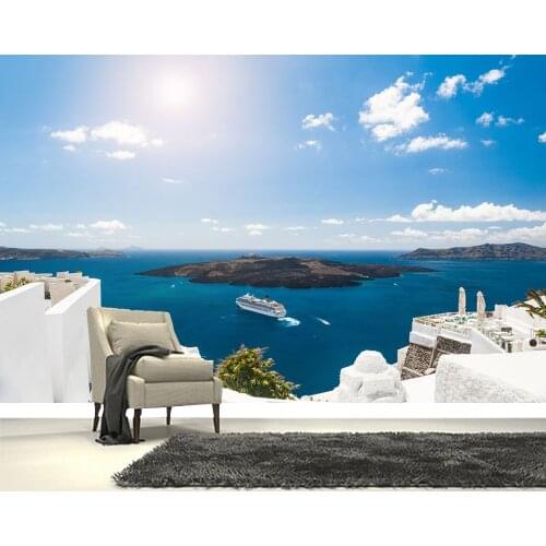 Papel de parede White building sea view on Santorini island, Greece landscape 3d wallpaper,living room tv wall bedroom mural