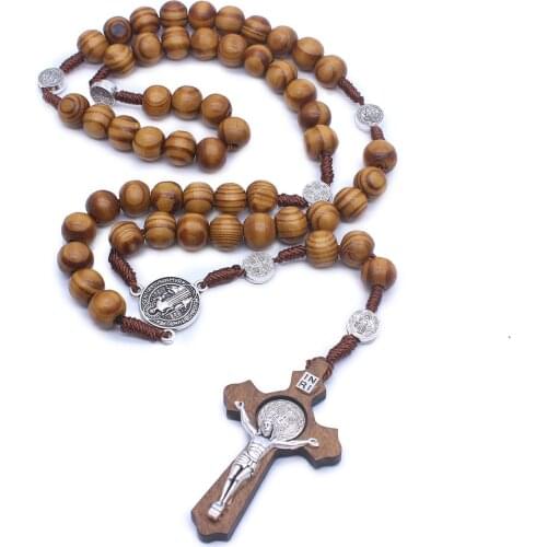 Religious Wooden Antique Cross Rosary Pendant Necklaces Jesus Saint Benedict Beaded Necklace for Men Women Jewelry Gifts collar