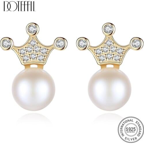 DOTEFFIL Earrings Genuine Natural Freshwater Pearl 925 Sterling Silver Crown Stud Earring Pearl Jewelry Women Wedding/Party Gift