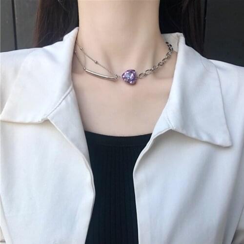 U-Magical Charming Purple Rhinestone Love Heart Chokers Necklace for Women Asymmetric Chunky Chain Metallic Necklace Jewellery