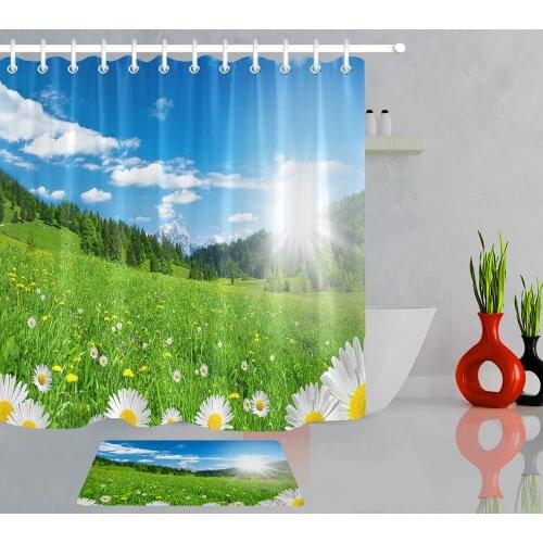Spring Meadow Landscape Shower Curtain Green Grass Wildflowers Forest Polyester Fabric Bathroom Curtains for Bathtub Home Decor