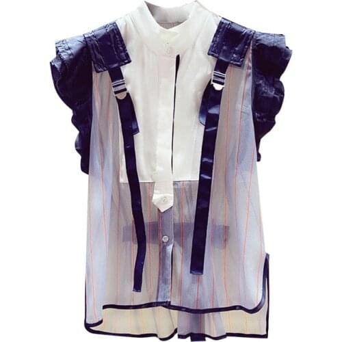 Ruffled Patchwork Hit Color Women Blouse New Lapel Sleeveless Loose Fit Shirt Fashion Tide Spring Autumn 2021 Z180