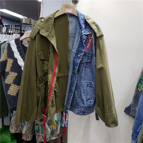 2021 Autumn High Quality Lapel Long Sleeve Irregular Patchwork Denim Coat Vintage Letter Print Women Jean Jacket Casual Harajuku
