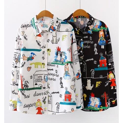2020 Printed Chiffon Blouse Women Cartoon Doodle New Spring Autumn Long Sleeve Shirt Blouses Vintage Loose Tops Feminina Blusa